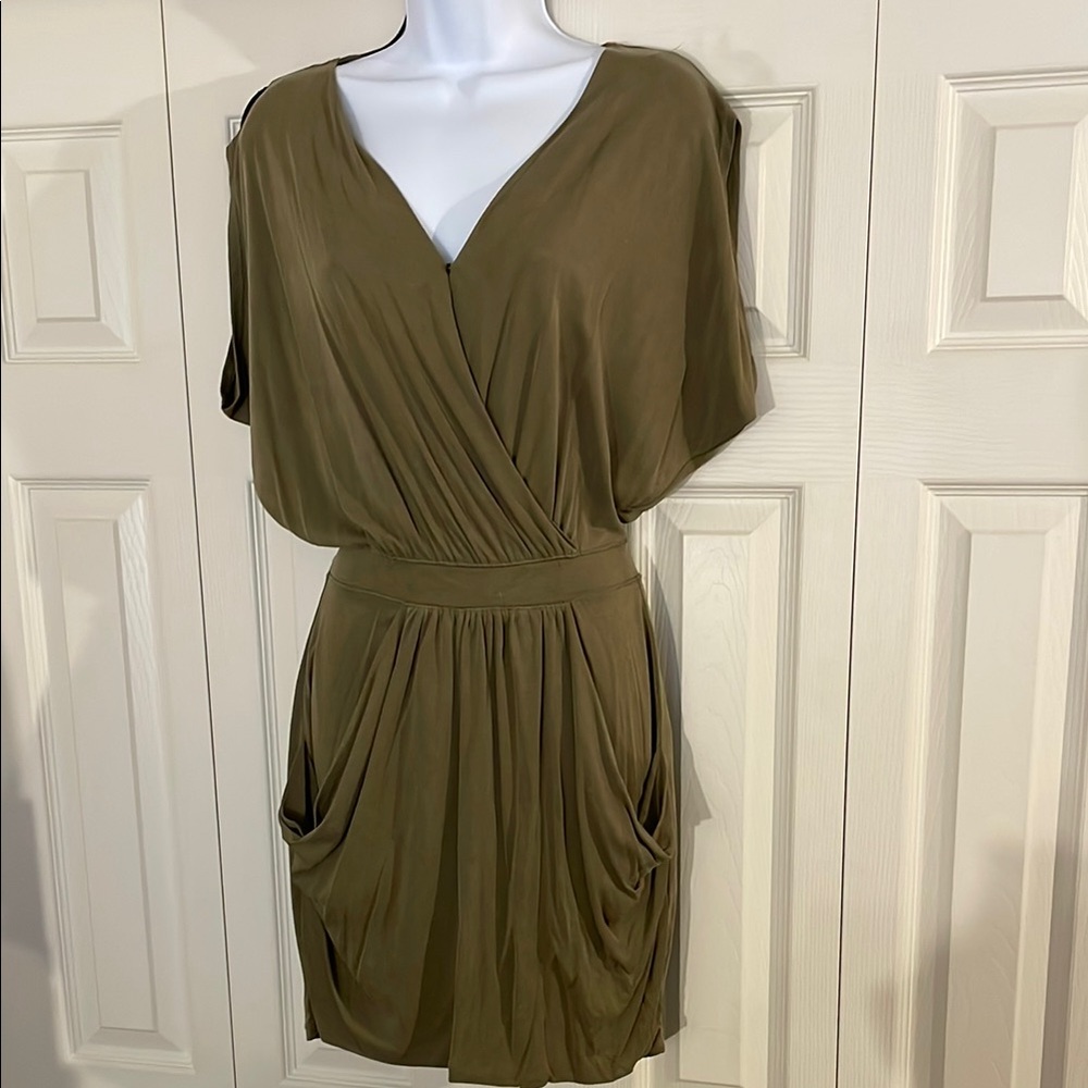 RACHEL Rachel Roy Olive Green Ruched Wrap Mini Dress with POCKETS!!!